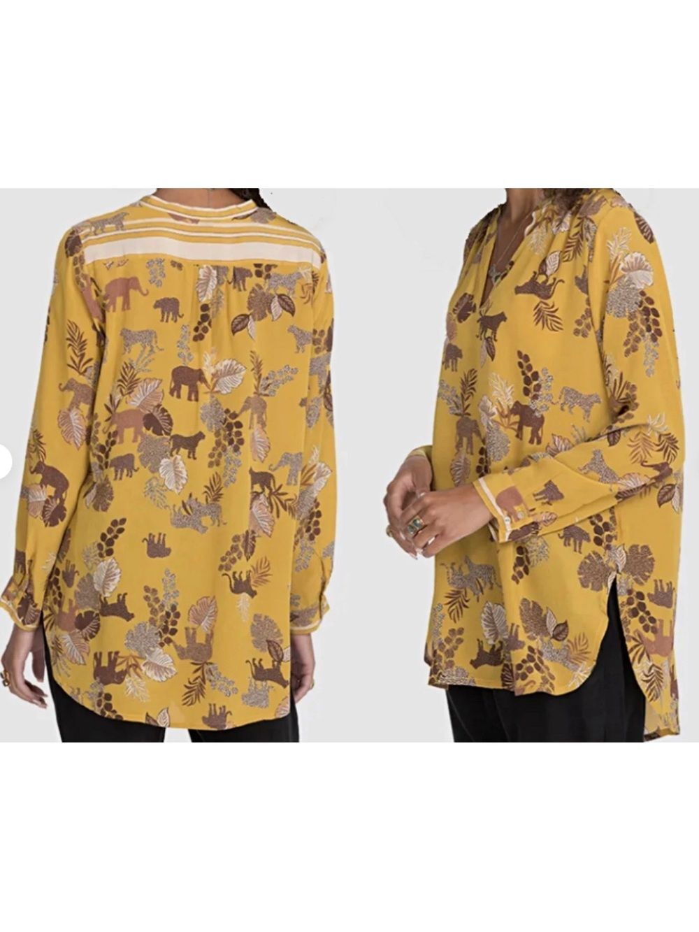 Johnny Was Silk Taly Astrid Tunic Top Medium Animal Print Safari Mustard Yellow